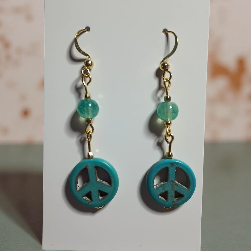 Peace Sign Earrings with Sea Green Accent Bead